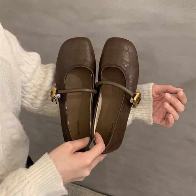 Women's Black French-Inspired Square Toe Mary Jane Flats - Slip-On Retro EVA Shoes with Fabric Lining & Rubber Sole, Breathable All-Season Comfort for Casual Formal Wear