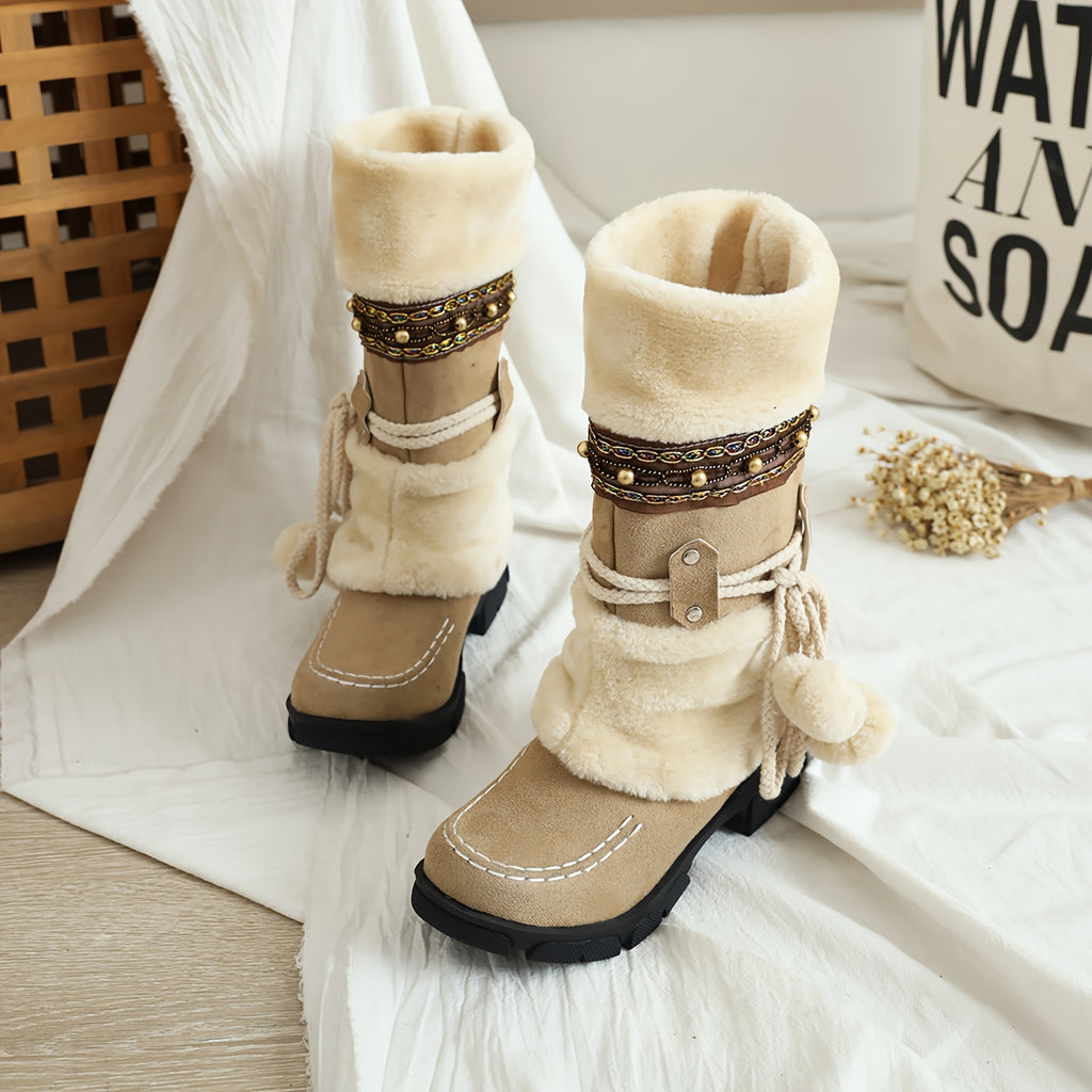 Women's Mid-Calf Slip-On Winter Snow Boots with Suede & Faux Fur, Striped Jingle Bells, High Quality Rubber Sole, Cozy Round Toe Warm Comfortable Booties for Cold Weather