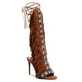 Women's Summer Knee-High Fringe Strappy Sandals - Ethnic Beaded Lace-Up Open Toe High Heel Boots with Tassels & Super High Heel, Fabric Upper & Rubber Sole for Dressy Festive Occasions