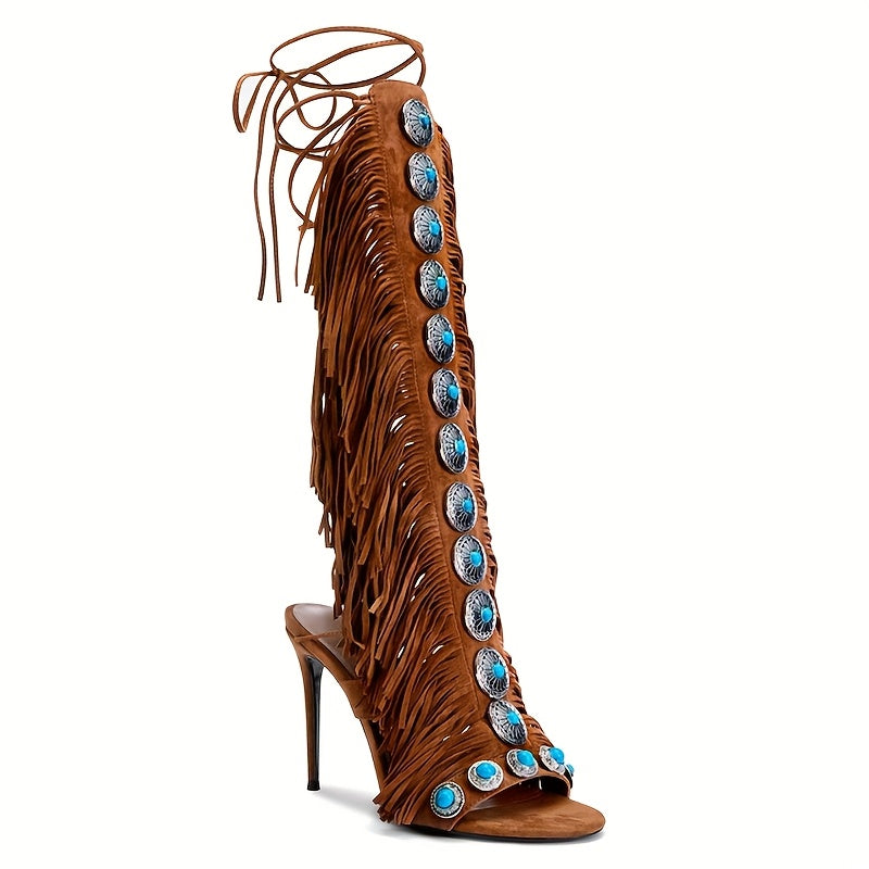 Women's Summer Knee-High Fringe Strappy Sandals - Ethnic Beaded Lace-Up Open Toe High Heel Boots with Tassels & Super High Heel, Fabric Upper & Rubber Sole for Dressy Festive Occasions