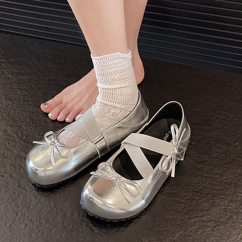 Women's Slip-On Shoes with Elegant Bow - Slip-On Closure, Round Toe, Cushioned TPR Sole - Low Heel (0.39-1.18inch) for Everyday & Formal Events - Women's Elegant Flats, Bow Embellishment, Shimmering Finish