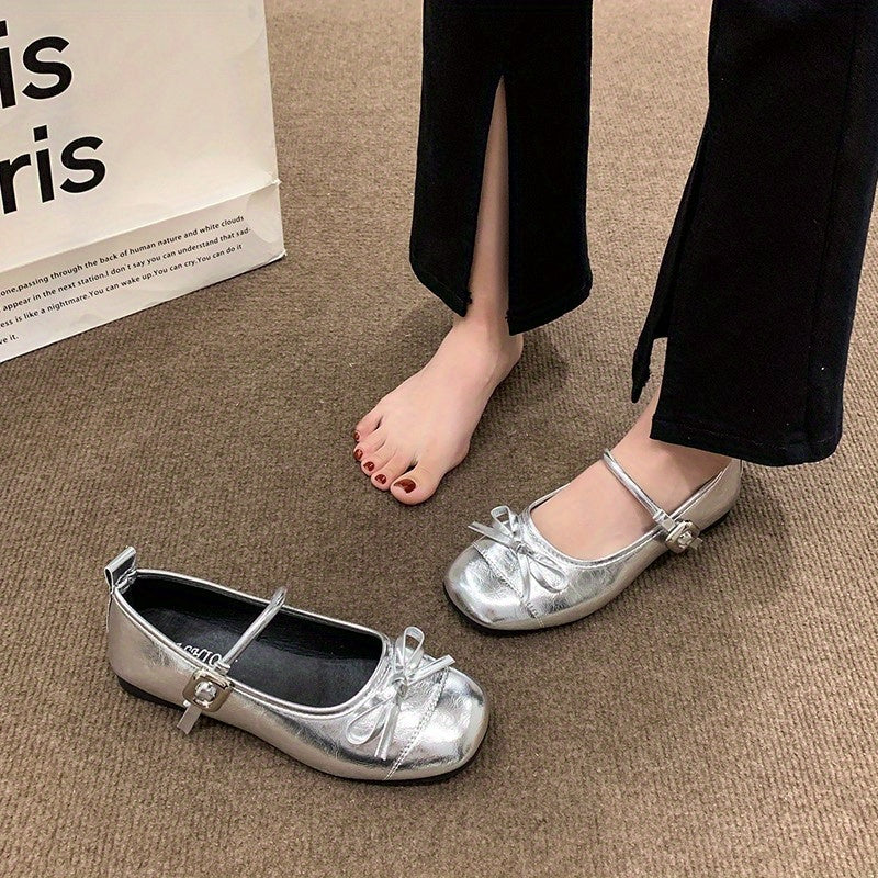 Women's Flat Shoes with French Bow and British Style Single Strap Buckle, Allseason Wear, Classic Flats, Suedelike Finish, Round Toe, Fashionconscious Women