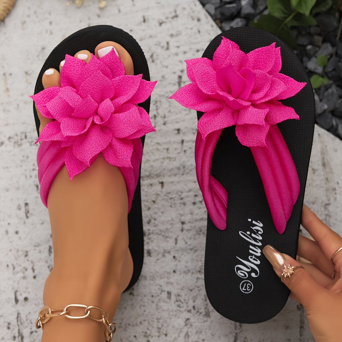 Ladies' Black Floral One-Strap Open Toe Sandals - EVA Insole, Anti-Slip Rubber Outsole - All-Season Indoor\u002FOutdoor Casual - Daily\u002FFormal Use - Breathable, Comfortable Slippers - Fashionable Home Shoes, Summer Essential