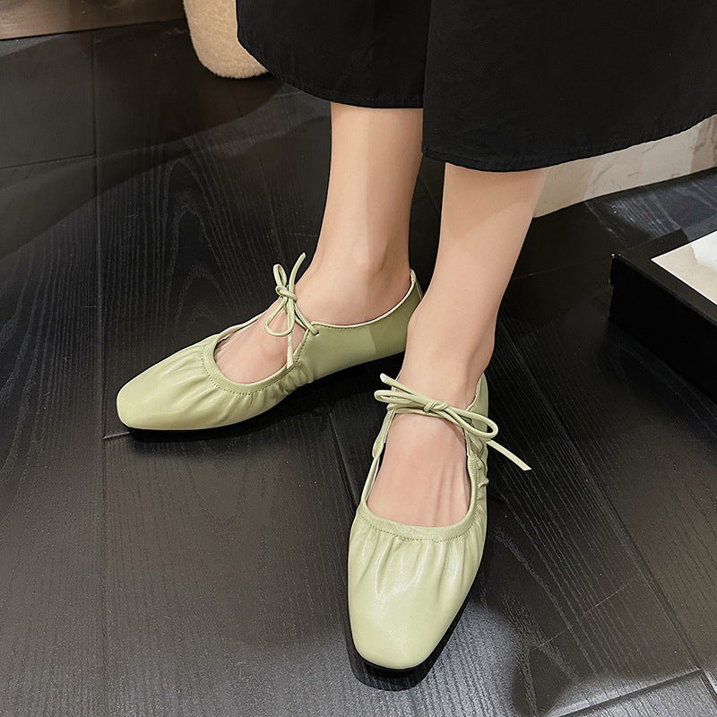 Metallic Pleated Detail Square Toe Flat Shoes Charming Outdoor Flat Shoes French Soft Cover Soft Bottom Retro Beautiful Flat Shoes Niche Lace-up Loafers Golden Silvery Mary Jane Single Shoes Women, Designer Shoes for Women, Shoes for Women Comfortable, Wi