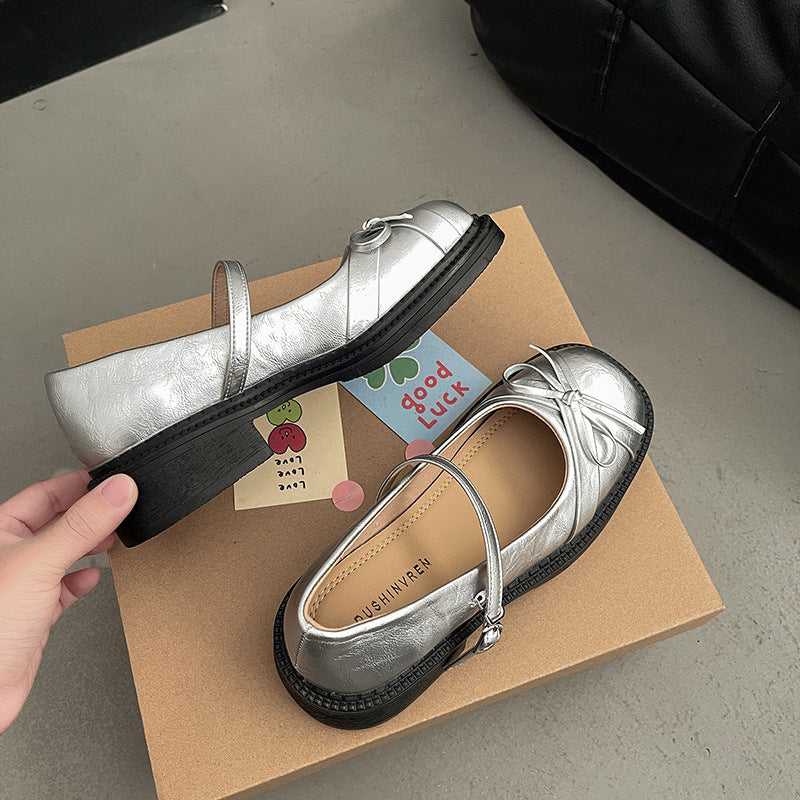 French new style spring and summer retro Women's chunky- heeled shoes, Silvery bow- adorned Mary Jane single- sole shoes, small Cover shoes