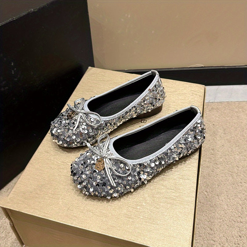 Women's sequined single- sole shoes, French- style retro Silvery bow fairy shoes, gentle and ladylike shoes matching with dresses, square- toed flat- soled soft- soled Women's sequined single- sole shoes