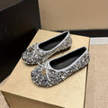 Women's sequined single- sole shoes, French- style retro Silvery bow fairy shoes, gentle and ladylike shoes matching with dresses, square- toed flat- soled soft- soled Women's sequined single- sole shoes