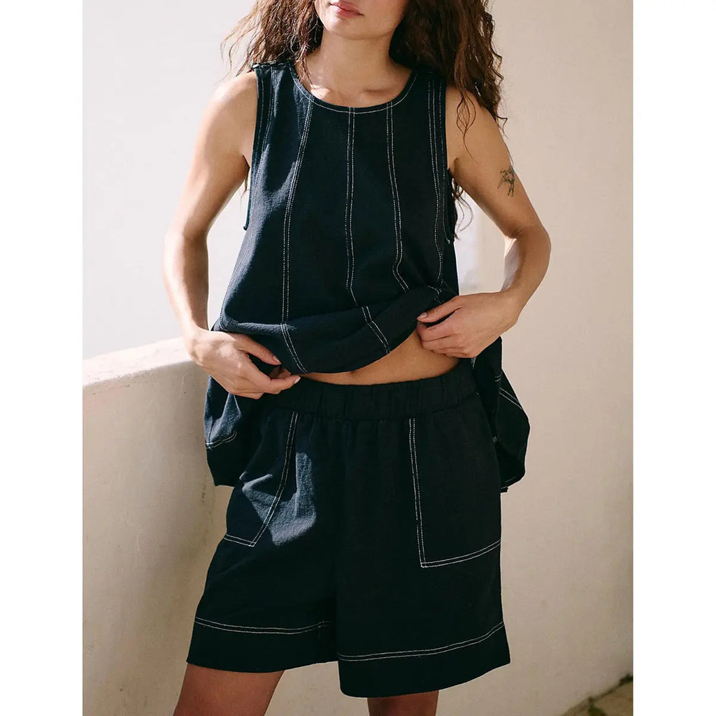 Elegant Solid Co-ord Set: Round Neck Tank Top & Wide-Leg Shorts