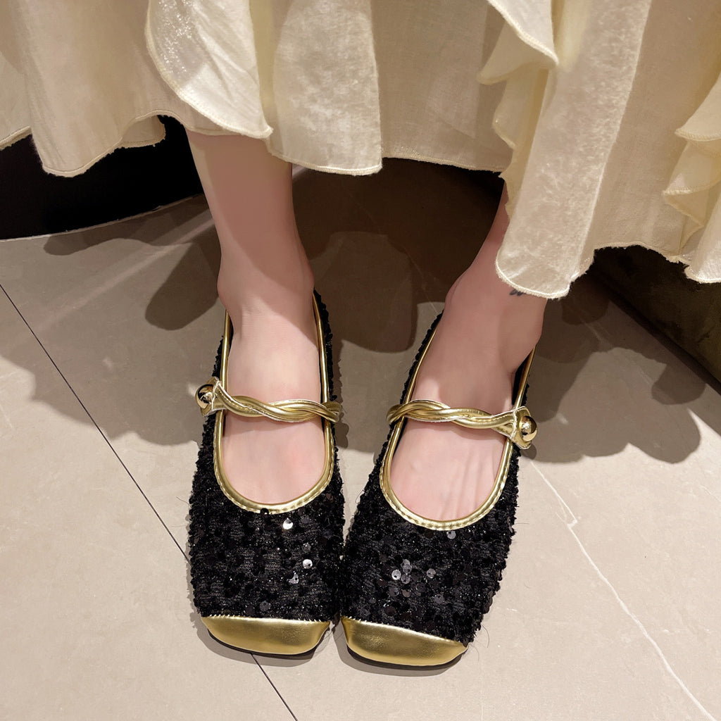 Women's French Single Shoes - Beige & Golden Glam Flat Sole Closure Flats, Low-Cut One-Strap Closure, All-Season Party & Everyday Shoes for Women - Elegant European Flair Footwear, Casual Elegance, Chic Flats, Decorative Straps, Fashion Lovers