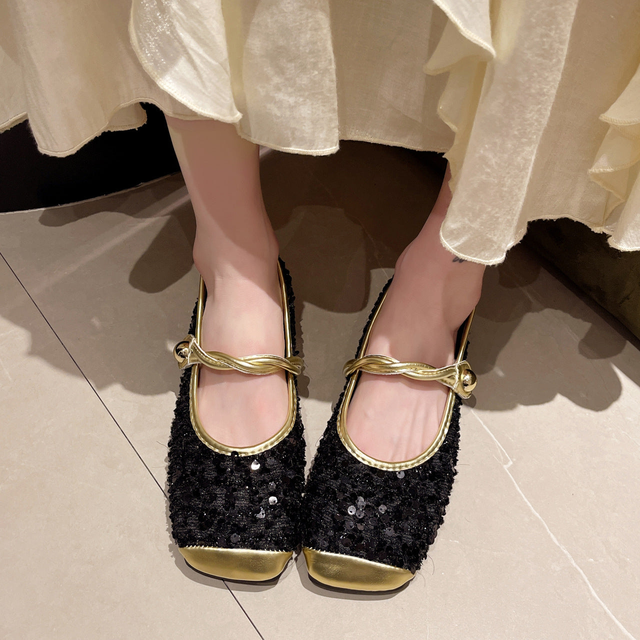 Women's French Single Shoes - Beige & Golden Glam Flat Sole Closure Flats, Low-Cut One-Strap Closure, All-Season Party & Everyday Shoes for Women - Elegant European Flair Footwear, Casual Elegance, Chic Flats, Decorative Straps, Fashion Lovers