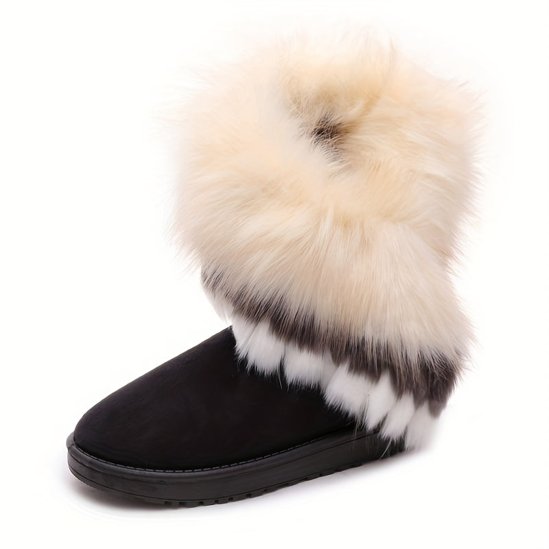 Women's Winter Warm Fluffy Faux Fur-Lined Mid-Calf Boots - EVA Suede-Like Texture, Round Toe & Arch Support, Cushioned Insole, PU Sole - Cozy Snow Boots for Cold Weather, Casual & Formal Outfits (Brown\u002FBlack\u002FWhite) - 2020 New Autumn\u002FWinter