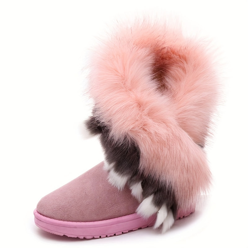 Women's Winter Warm Fluffy Faux Fur-Lined Mid-Calf Boots - EVA Suede-Like Texture, Round Toe & Arch Support, Cushioned Insole, PU Sole - Cozy Snow Boots for Cold Weather, Casual & Formal Outfits (Brown\u002FBlack\u002FWhite) - 2020 New Autumn\u002FWinter