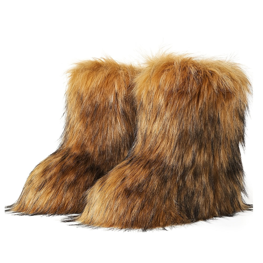 Women'S Faux Fur Boots, Winter Mid-rise Boots, Fluffy And Fashionable Cropped Snow Boots