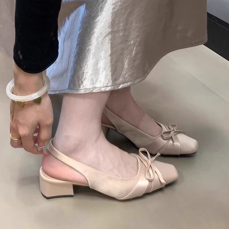 Women's Chunky Heel Closed-Toe Sandals - Pull-On Closure, Elegant French Shoes in Black\u002FWhite\u002FPink Beige - Cushioned PVC Insole & Non-Slip Rubber Outsole - Formal\u002FCasual Events - Easy-Clean PU Cover, Chunky Heel Sandals, Event Footwear, Bow