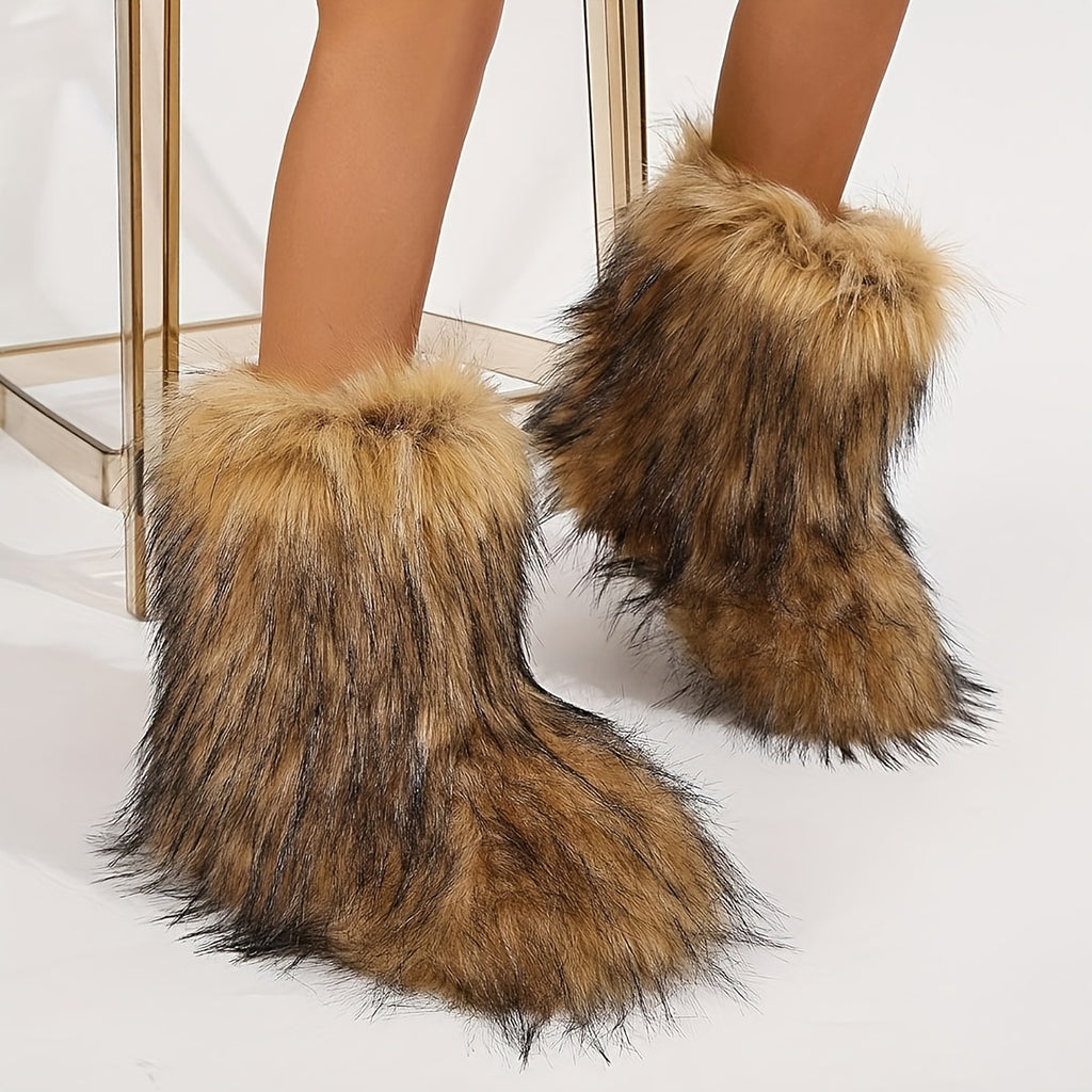 Women's Furry Faux Fur Winter Boots - Fluffy Warm Snow Booties with Flat Rubber Sole, Fashionable Outdoor Shoes for Girls and Women, Furry Boots