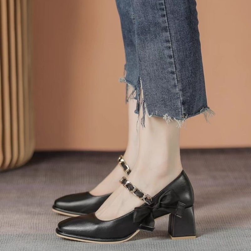 Elegant Retro Mary Jane Shoes - Square Toe, High Heels with Sequin Detail, PU Cover & Rubber Sole, Summer Women'S Fashion Footwear, Ladies Shoes