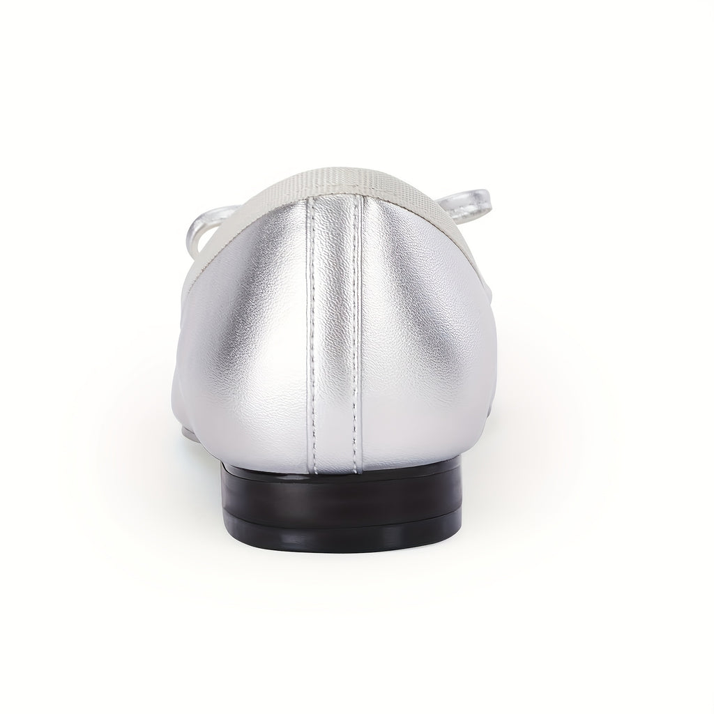 Chic Women's Slip-On Ballet Flats with Bow Detail - Pointed Toe, Faux Cover Cap Design in Black & White, Comfortable for Office, Work, and Party Wear