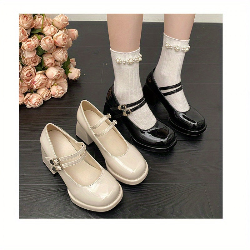 Chunky Heel Shoes Retro Chunky Heel Pumps | Women's French-Inspired Mary Jane Heels with Bow Detail, Round Toe & PU Cover Upper, Rubber Sole - Perfect for Summer & Autumn