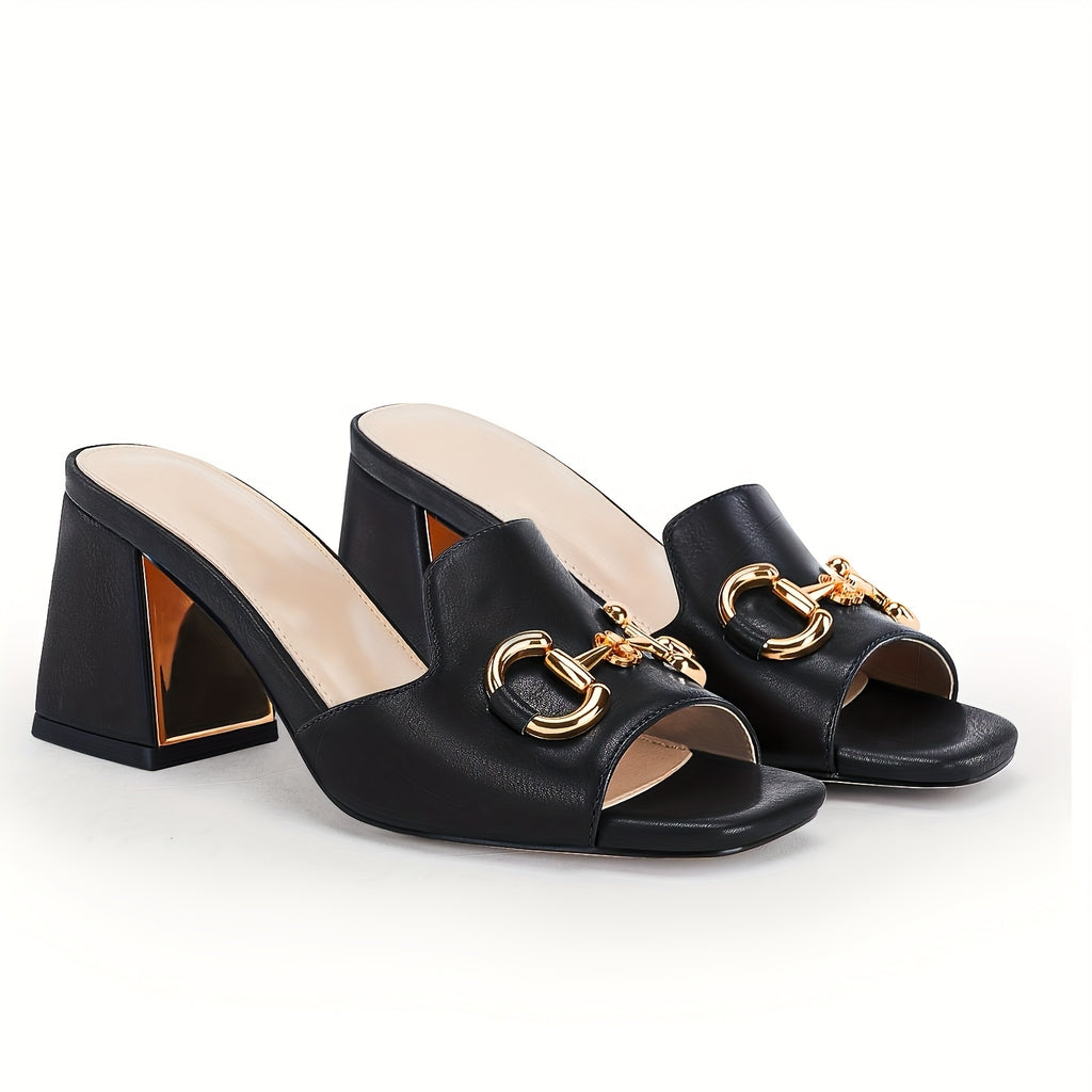 Women'S Sandals Peep Toe Slides Chunky Heel Mules Single Band Comfort Slip-on Shoes With Metal Chain For Spring Summer