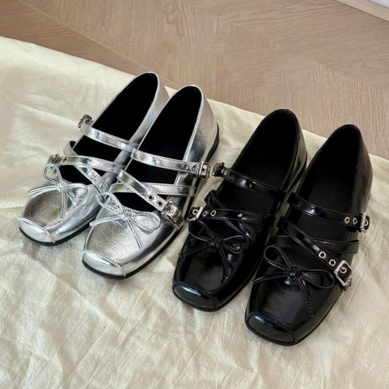 French Style Silvery Single Shoes Women Retro Mary Jane Shoes 2025 New Cover Bow Flat Ballet Shoes Women, Elegant Shoes for Women, Wide Fit Womens Shoes, Ballerina Shoes, Vintage Shoes, Platform Shoes for Women