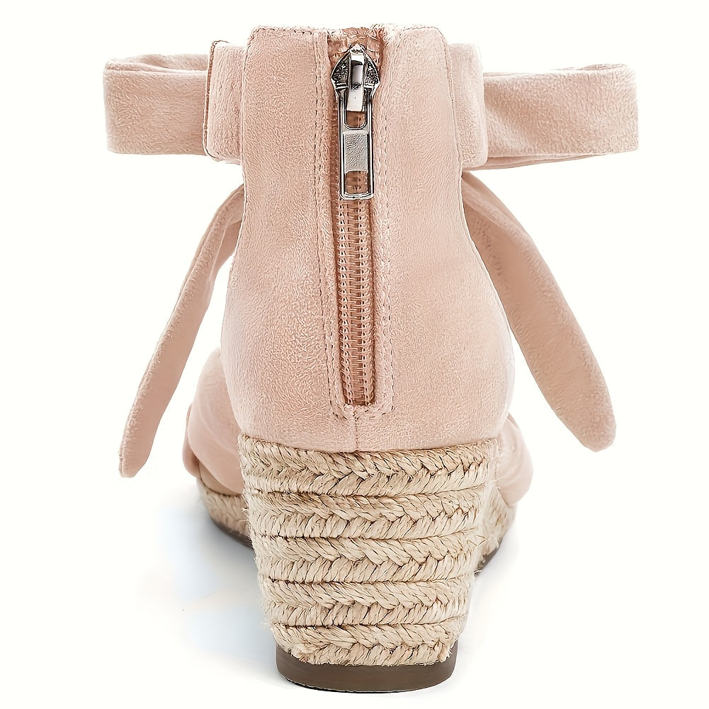 Women'S Grass Woven Slope Heel Sandals, High Heels, Open Toe Bow Zippered Lace Up Ankle Strap Shoes