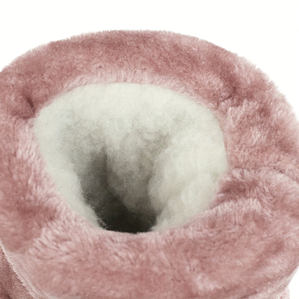 Women's Mid-Calf Slip-On Winter Snow Boots with Suede & Faux Fur, Striped Jingle Bells, High Quality Rubber Sole, Cozy Round Toe Warm Comfortable Booties for Cold Weather