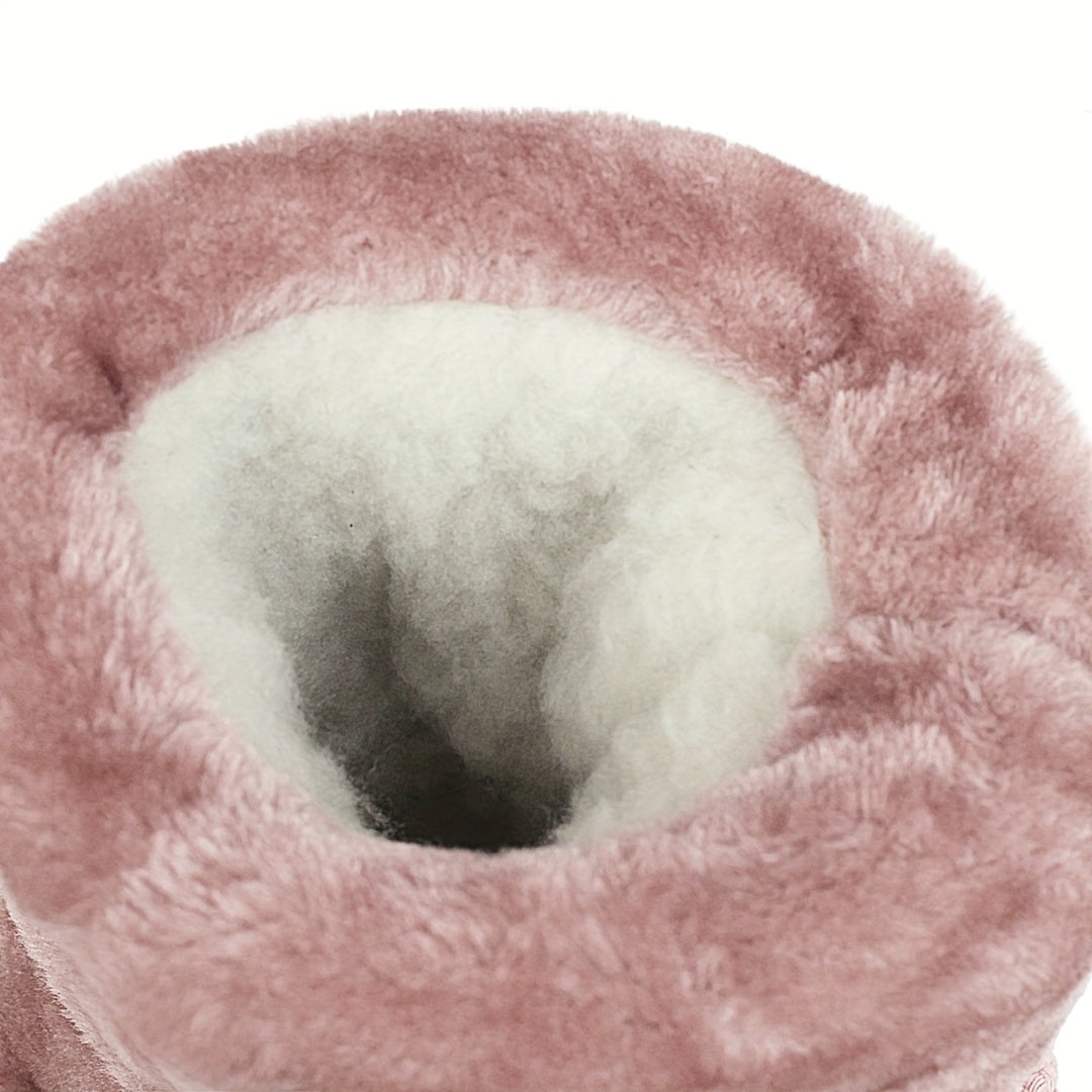 Women's Mid-Calf Slip-On Winter Snow Boots with Suede & Faux Fur, Striped Jingle Bells, High Quality Rubber Sole, Cozy Round Toe Warm Comfortable Booties for Cold Weather