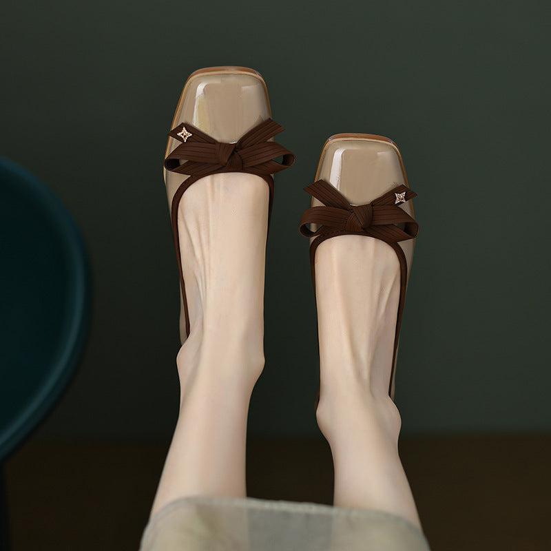 Women's Retro French Square Toe Bow Detail Cover Flats - Low Block Heel Shoes with EVA Cushioned Insole & Rubber Sole, All-Season Versatile Comfort for Casual Formal Outfits