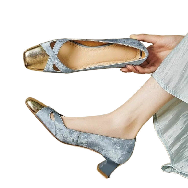 Women'S Vintage French Mary Jane Shoes - Pointed Toe Flat Heel with Round Toe Cutout, Soft Fabric Lining & Comfortable Cushioned Insole, Retro Elegant Pull-On Closure, Durable Rubber Sole - Beige & Blue Color-Block Design for Fall, Casual & Semi-Formal Ou