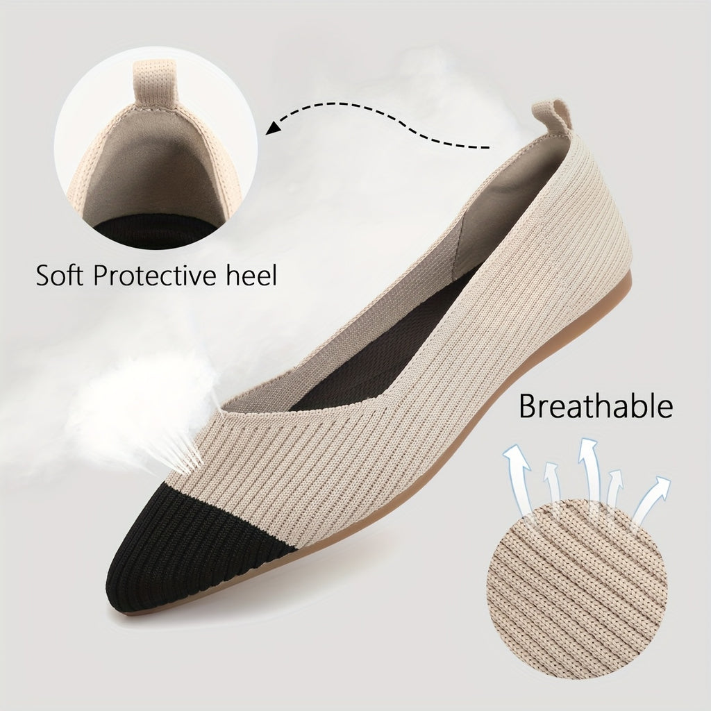 Women's Elegant Knit Ballet Flats - Pointed Toe, Lightweight Slip-On Design, Comfortable Dress Shoes with Ribbed Texture and Contrasting Color Accents, Versatile Footwear|Elegant Slipon Shoes|Fabric Upper Flats