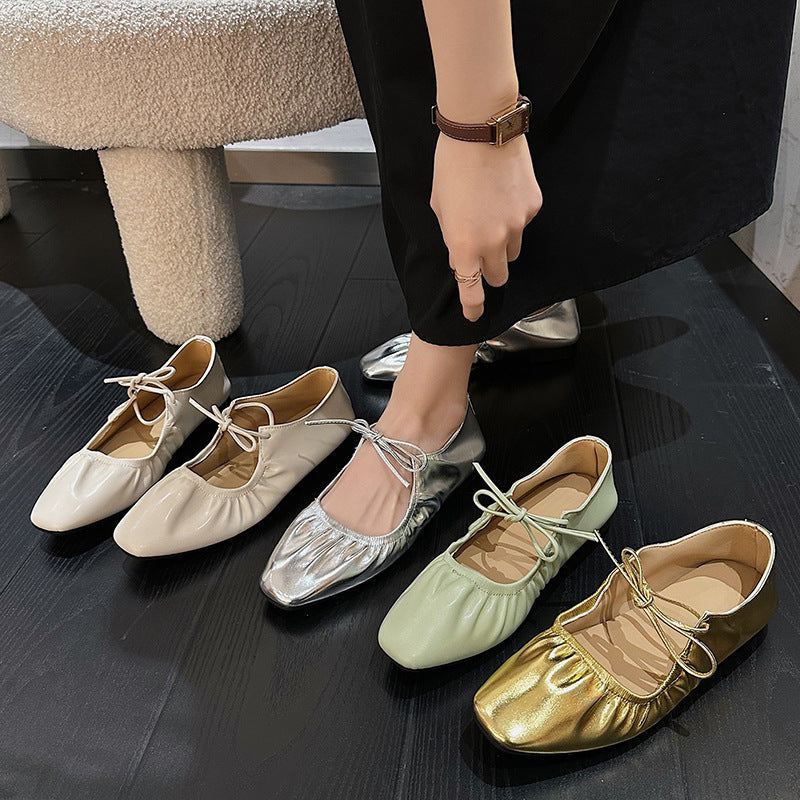 Metallic Pleated Detail Square Toe Flat Shoes Charming Outdoor Flat Shoes French Soft Cover Soft Bottom Retro Beautiful Flat Shoes Niche Lace-up Loafers Golden Silvery Mary Jane Single Shoes Women Women's shoes, Designer Shoes for Women, Shoes for Women C