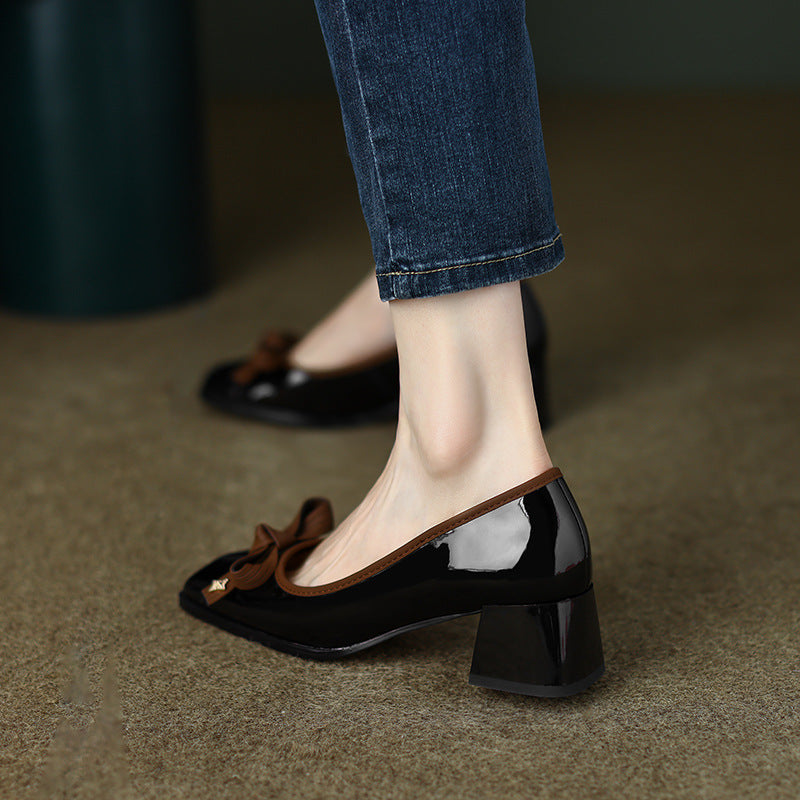 Women's Retro French Square Toe Bow Detail Cover Flats - Low Block Heel Shoes with EVA Cushioned Insole & Rubber Sole, All-Season Versatile Comfort for Casual Formal Outfits