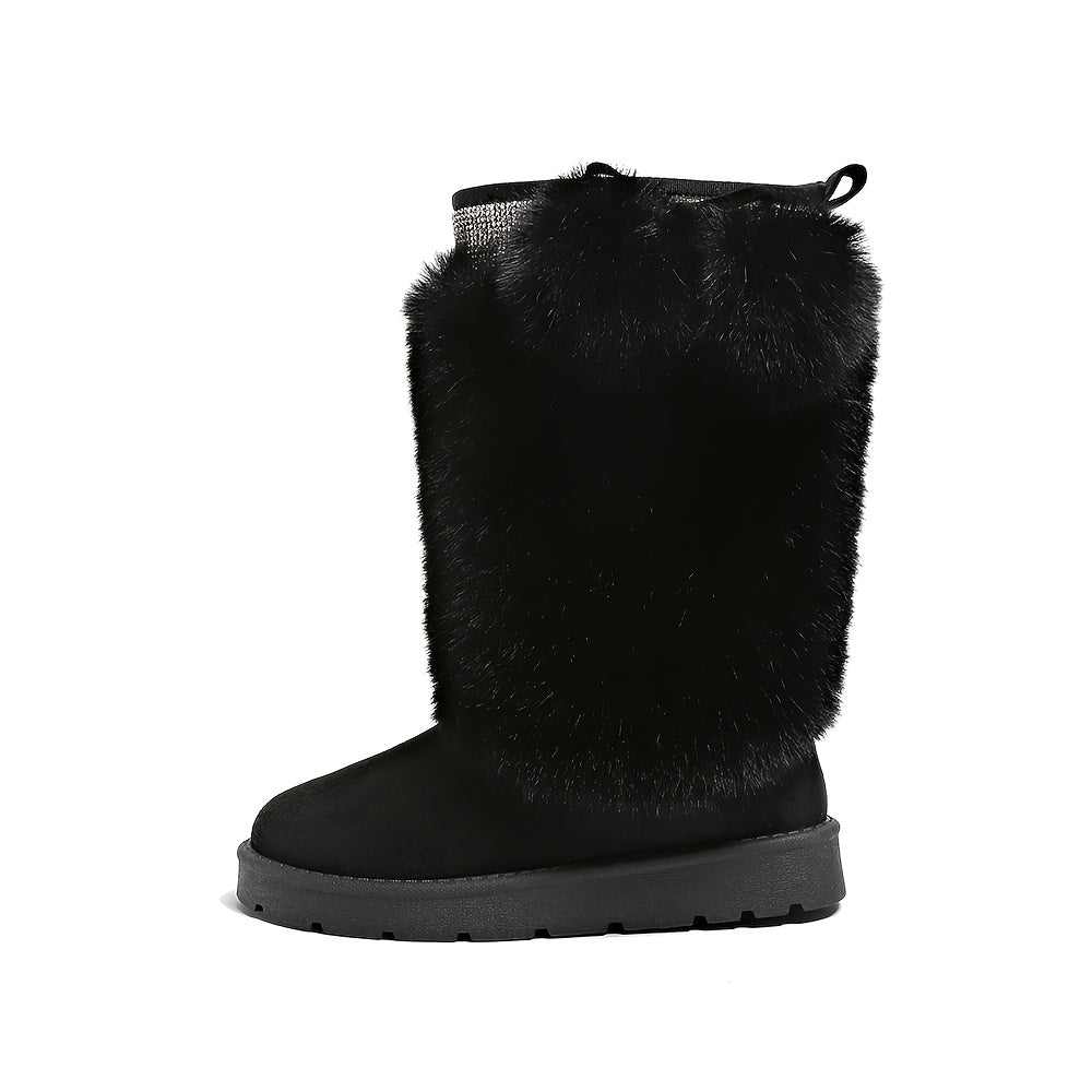 Women'S Plush Fur Ball Snow Boots, Mid-Calf Winter Booties, With Fabric Upper, Lining, Insole, PVC Sole, For Winter