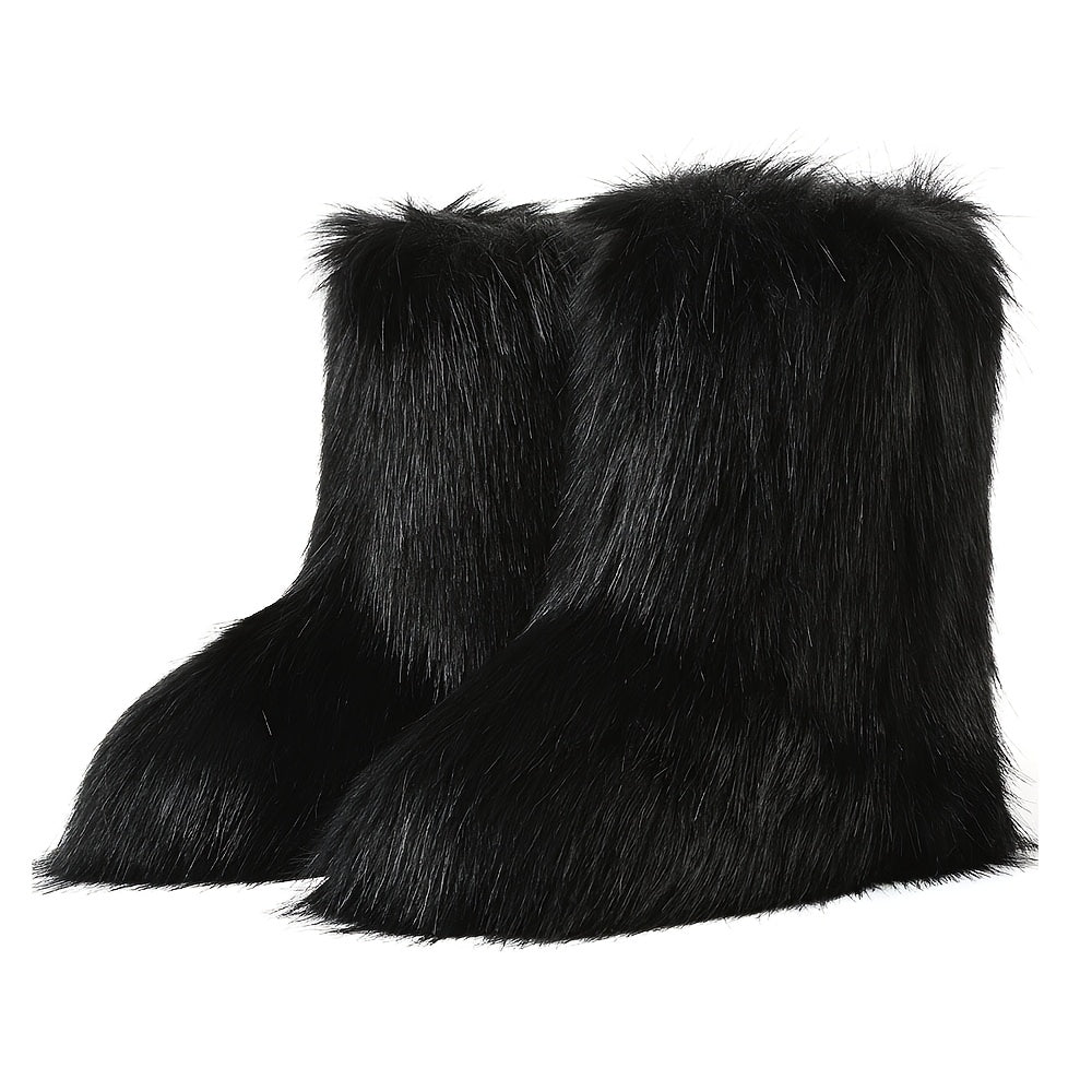 Women'S Faux Fur Boots, Winter Mid-rise Boots, Fluffy And Fashionable Cropped Snow Boots