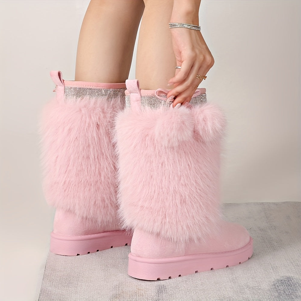 Women'S Plush Fur Ball Snow Boots, Mid-Calf Winter Booties, With Fabric Upper, Lining, Insole, PVC Sole, For Winter
