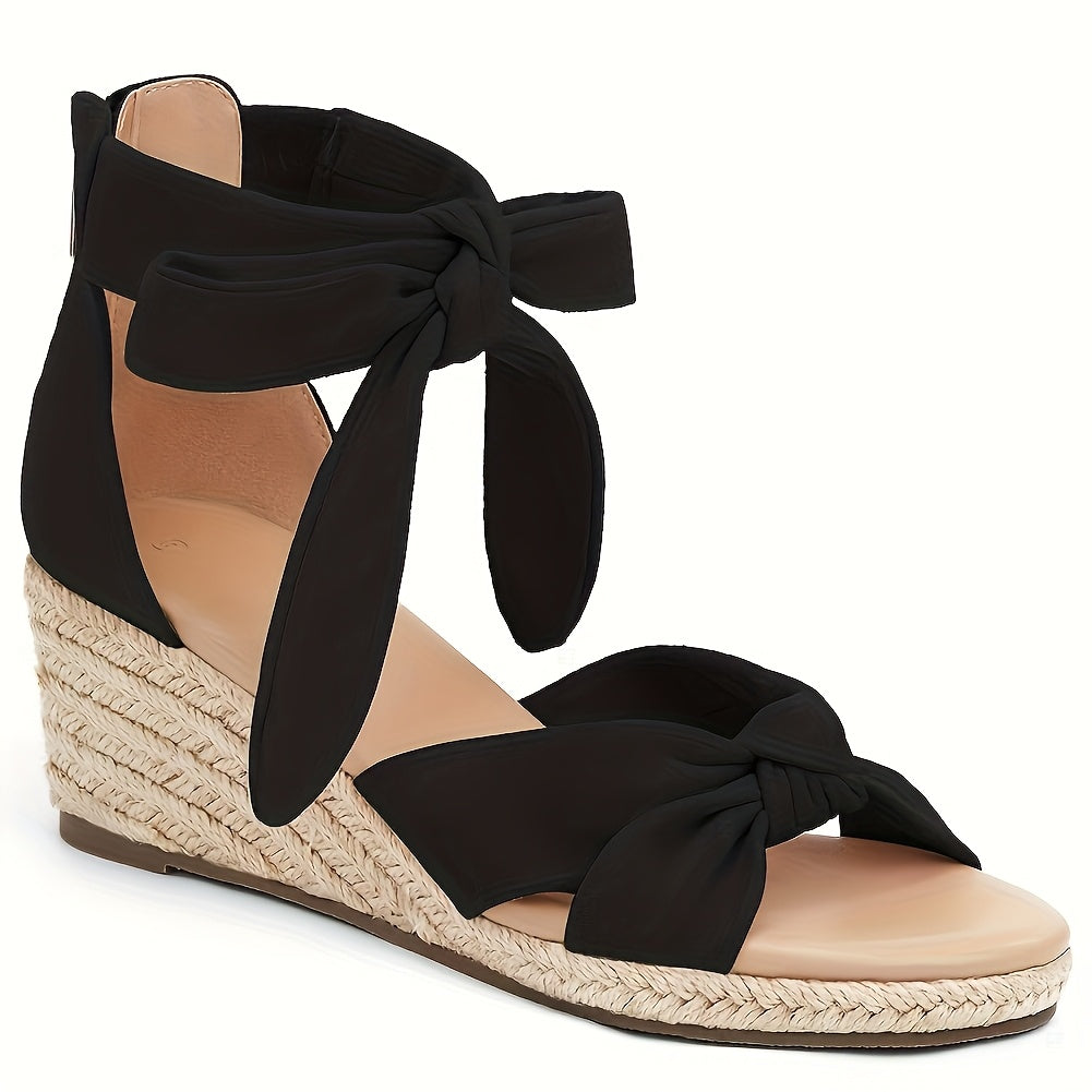 Women'S Grass Woven Slope Heel Sandals, High Heels, Open Toe Bow Zippered Lace Up Ankle Strap Shoes