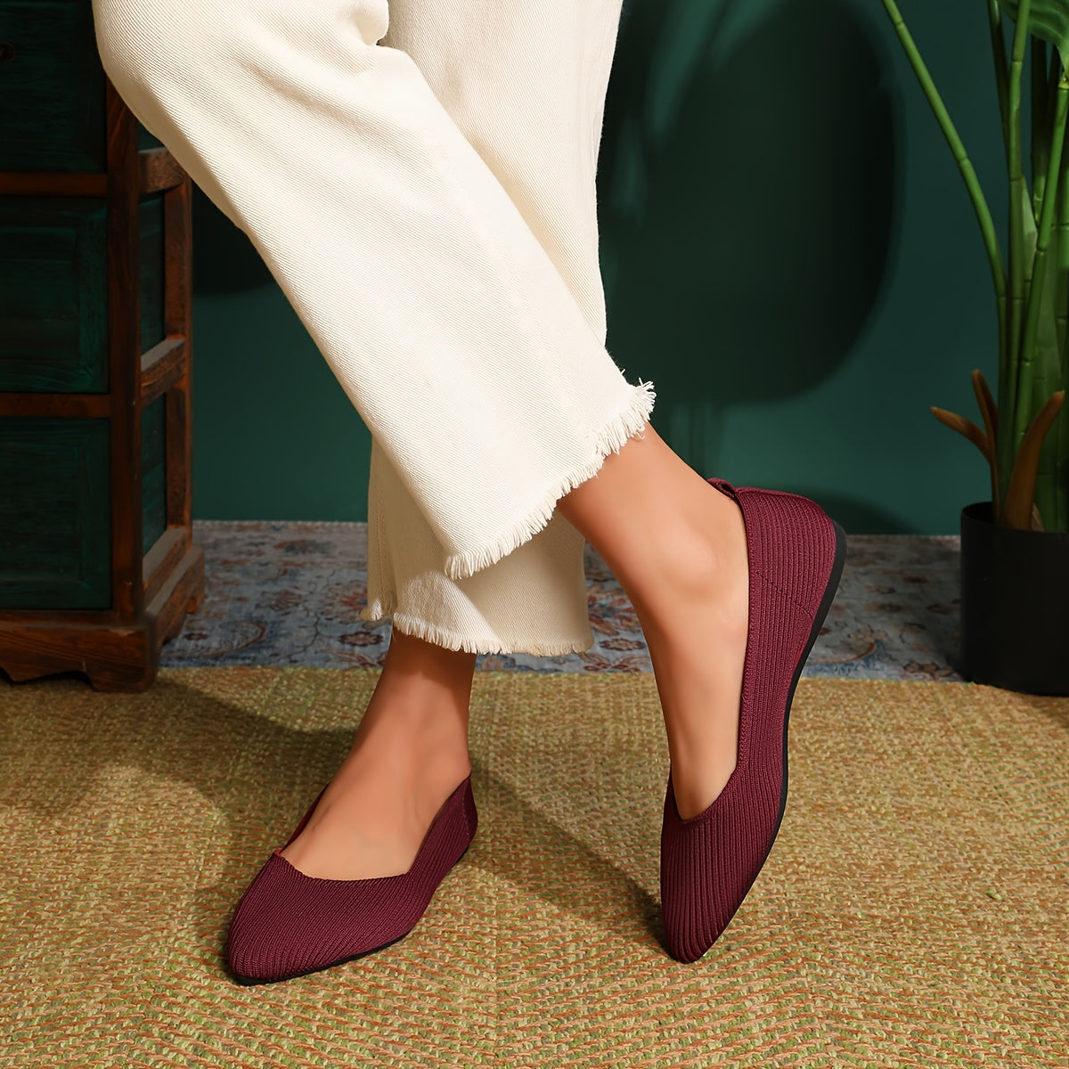 Women's Elegant Knit Ballet Flats - Pointed Toe, Lightweight Slip-On Design, Comfortable Dress Shoes with Ribbed Texture and Contrasting Color Accents, Versatile Footwear|Elegant Slipon Shoes|Fabric Upper Flats