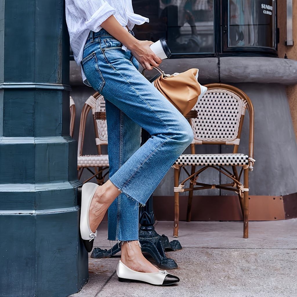 Chic Women's Slip-On Ballet Flats with Bow Detail - Pointed Toe, Faux Cover Cap Design in Black & White, Comfortable for Office, Work, and Party Wear