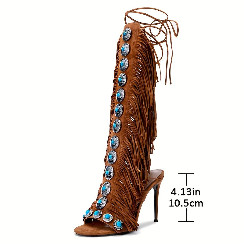 Women's Summer Knee-High Fringe Strappy Sandals - Ethnic Beaded Lace-Up Open Toe High Heel Boots with Tassels & Super High Heel, Fabric Upper & Rubber Sole for Dressy Festive Occasions