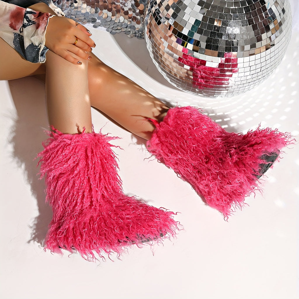 2025 Winter New Arrival Furry Faux Fur Boots Mid-Calf Tassel Outdoor Snow Boots Fashionable Cute Warm Puffy Short Mid-Calf Boots