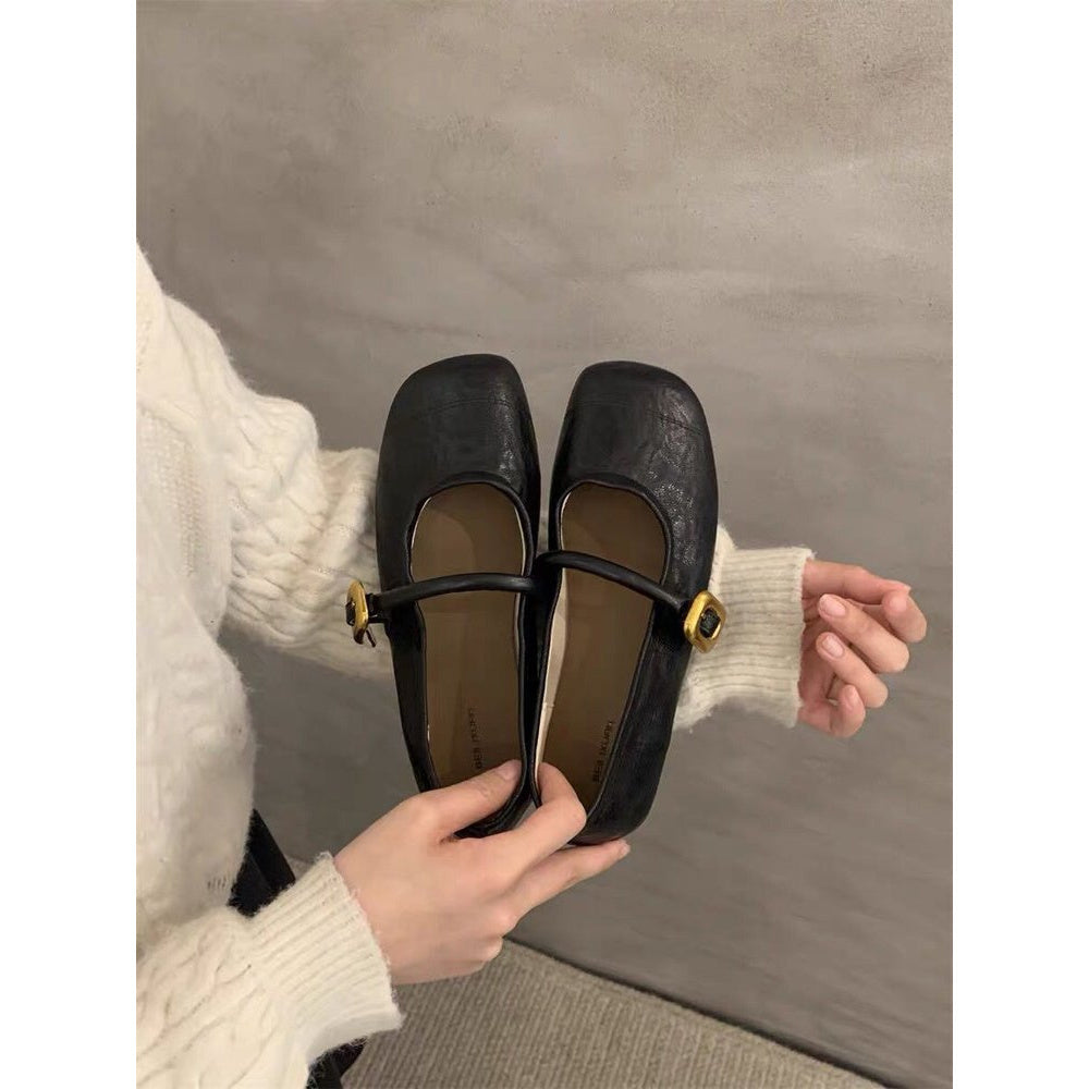 Women'S French-Inspired Black Mary Jane Flats - Slip-On Square Toe Flat Shoes with Adjustable Straps, Breathable EVA Upper & Rubber Sole, All-Season Comfort for Casual & Formal Wear, Mary Jane Shoes, Formal Footwear, Classic Mary Jane Design, Durable Foot