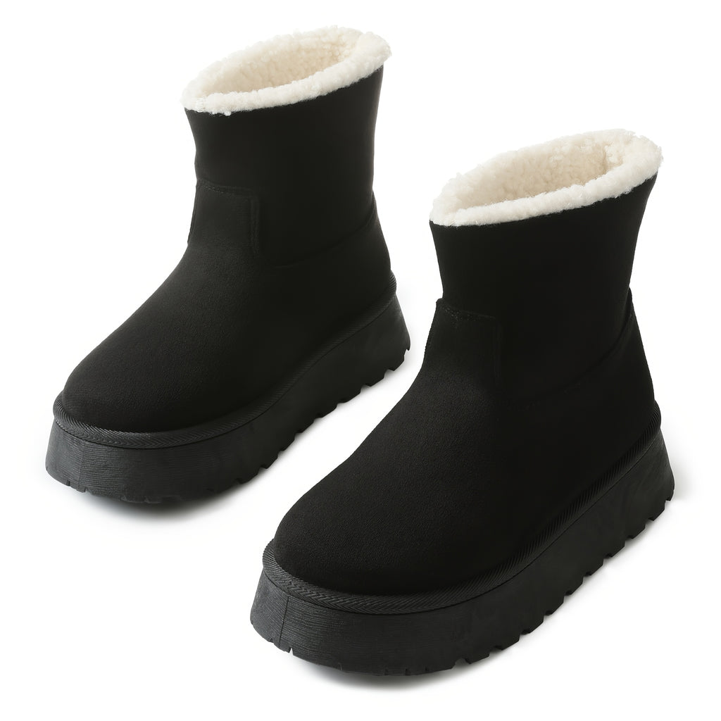 Women's Cozy Faux Fur-Lined Cover Winter Snow Boots - Warm Plush Ankle Booties with Anti-Slip Platform Sole, Pull-On Design, Round Toe, and Thick Rubber Heel for Casual Comfort