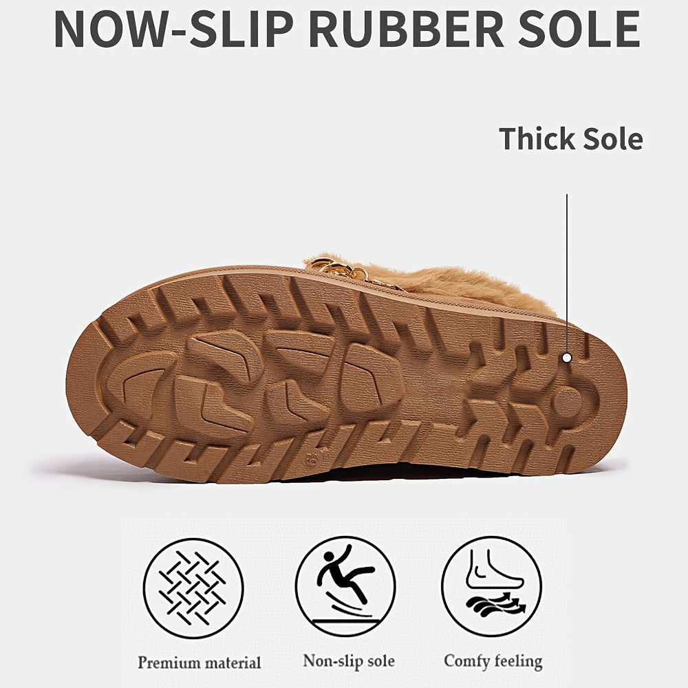 Women's Cozy Faux Fur-Lined Slipper Boots with Golden Chain Detail - Warm, Comfy, and Stylish Black Platform Ankle Boots for Indoor or Outdoor Use, Outdoor Slippers | Fashionable Snow Boots | Textured Fabric Upper, Ladies Slippers