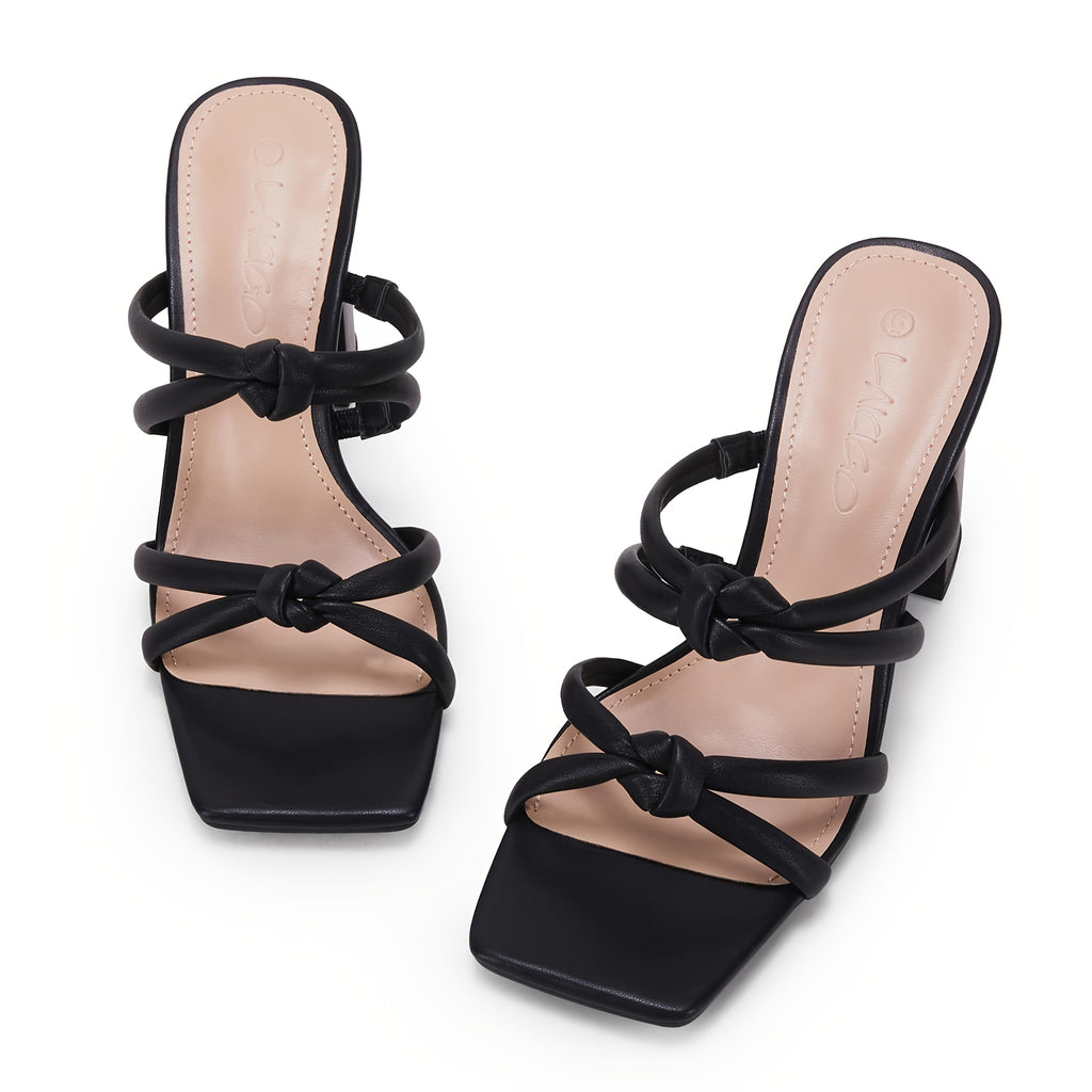 Women's Slip-On Square Open Toe Block Heel Sandals - Strappy Braided Backless Design, Synthetic Cover & PU Sole, Machine Washable Summer Shoes for Casual & Formal Occasions, Modern Footwear, Durable Comfort Footwear
