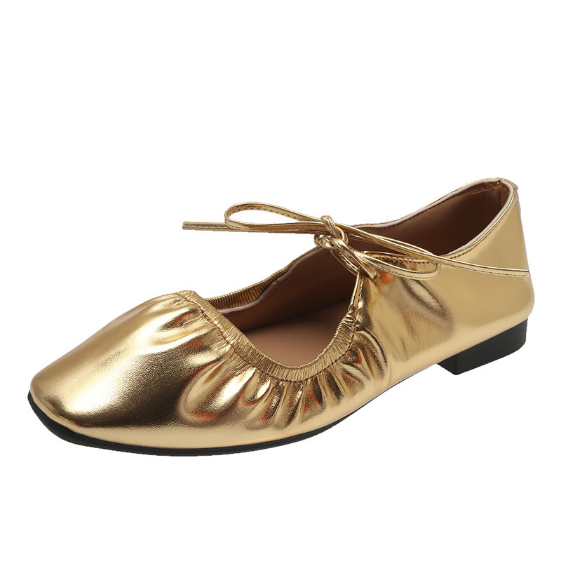 Metallic Pleated Detail Square Toe Flat Shoes Charming Outdoor Flat Shoes French Soft Cover Soft Bottom Retro Beautiful Flat Shoes Niche Lace-up Loafers Golden Silvery Mary Jane Single Shoes Women, Designer Shoes for Women, Shoes for Women Comfortable, Wi