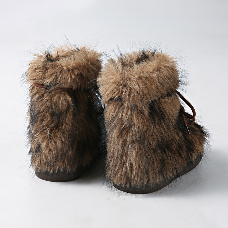 Women's Vintage Furry Chunky Winter Boots - Thick-Soled Cold-Resistant Round-Toe PU Cover-like Synthetic Upper with Plush Faux Fur Lining, Brown\u002FBlack\u002FCoffee Color Options, Slip-Resistant Rubber Sole & Buckle Closure for Snow, Ice, and Everyday