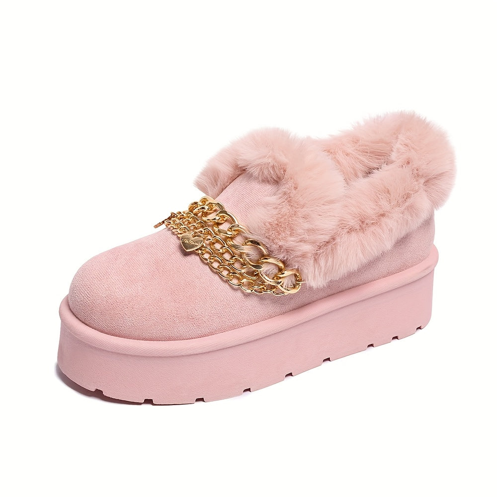 Women's Cozy Faux Fur-Lined Slipper Boots with Golden Chain Detail - Warm, Comfy, and Stylish Black Platform Ankle Boots for Indoor or Outdoor Use, Outdoor Slippers | Fashionable Snow Boots | Textured Fabric Upper, Ladies Slippers