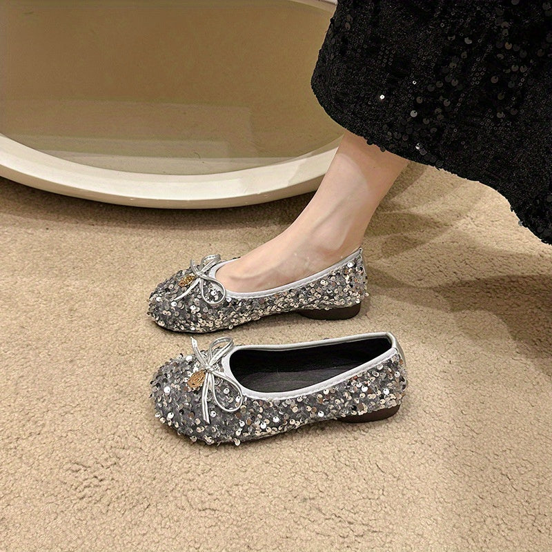 Women's sequined single- sole shoes, French- style retro Silvery bow fairy shoes, gentle and ladylike shoes matching with dresses, square- toed flat- soled soft- soled Women's sequined single- sole shoes