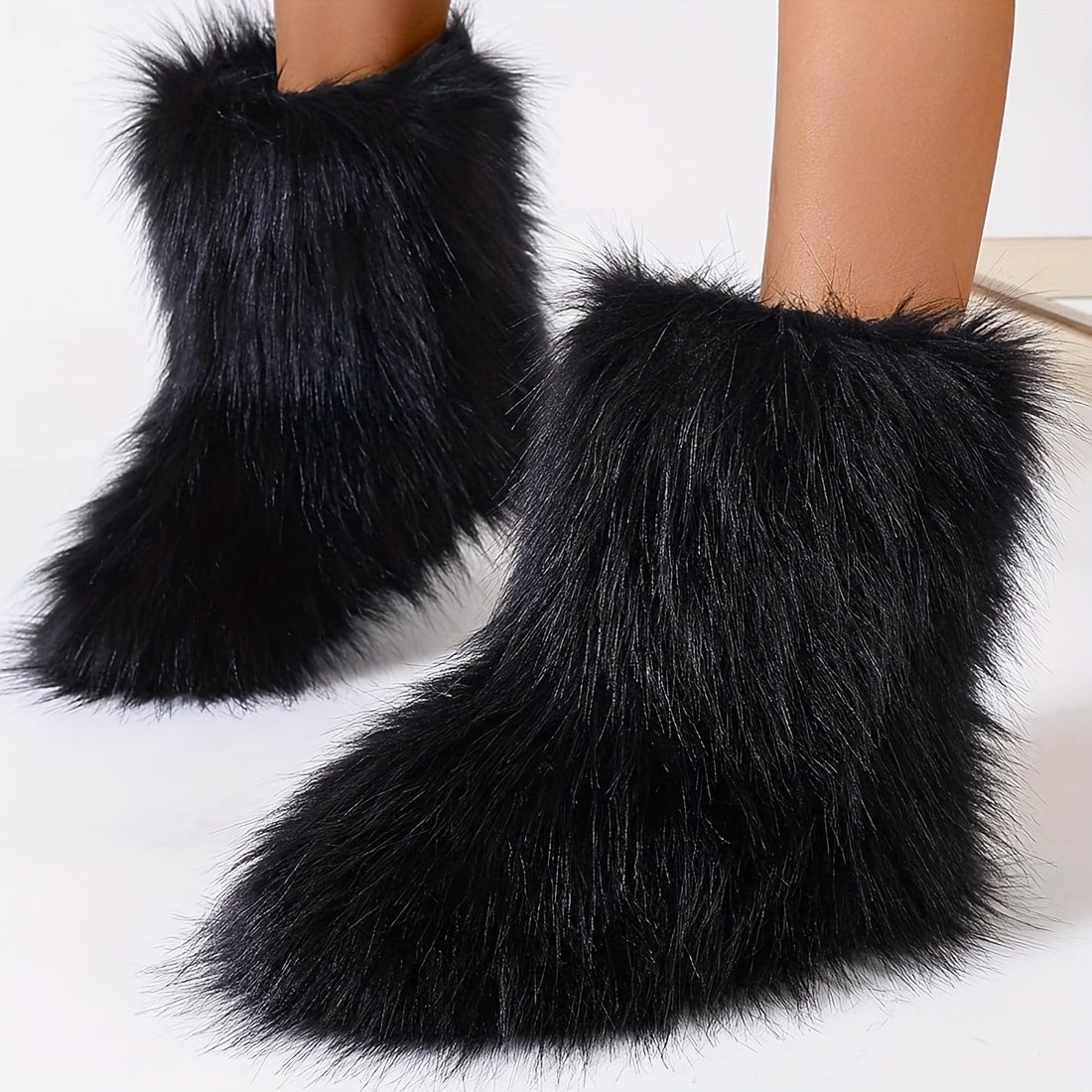 Women's Furry Faux Fur Winter Boots - Fluffy Warm Snow Booties with Flat Rubber Sole, Fashionable Outdoor Shoes for Girls and Women, Furry Boots