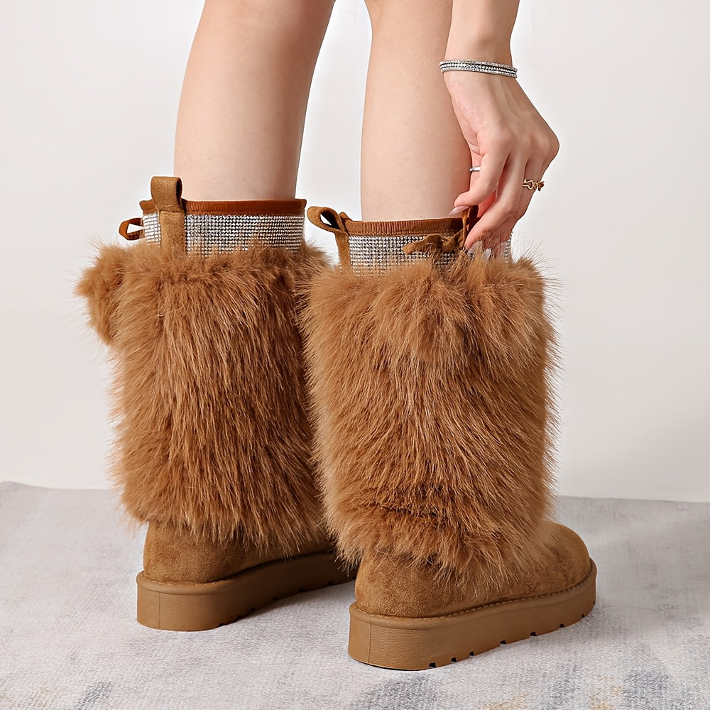 Women'S Plush Fur Ball Snow Boots, Mid-Calf Winter Booties, With Fabric Upper, Lining, Insole, PVC Sole, For Winter